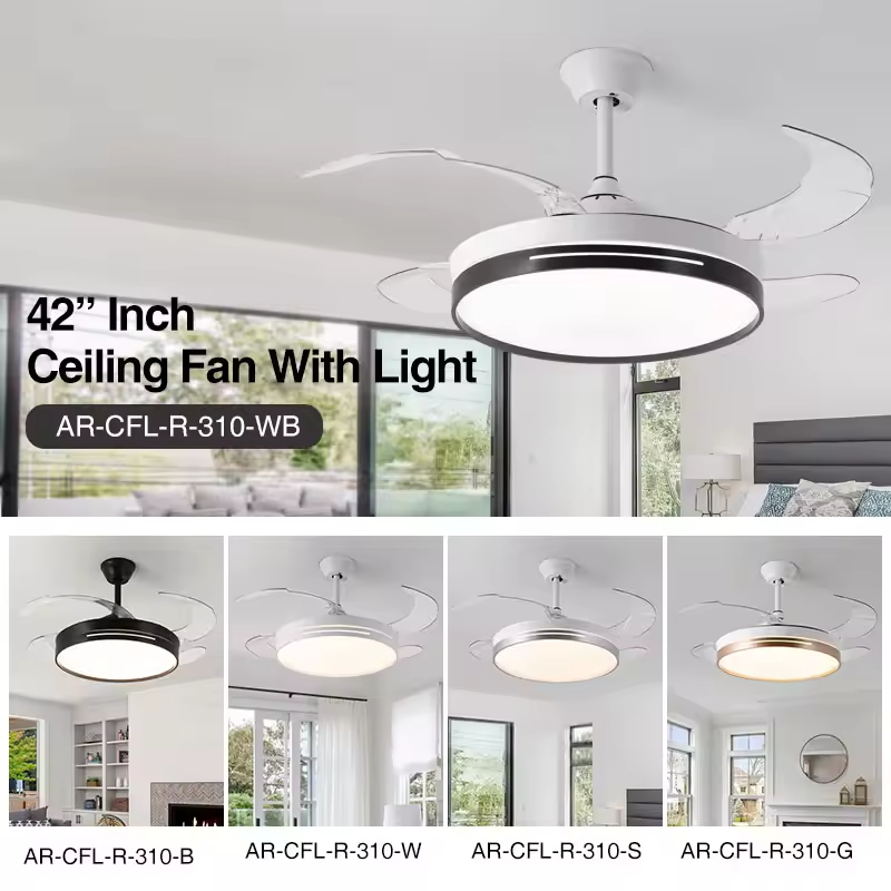Modern 42 Inch Retractable Chandelier Ceiling Fans Round Dimmable Led Ceiling Fan with Light and Remote for Living Room Bedroom