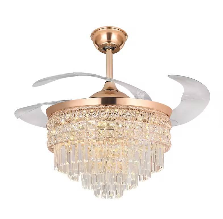 Nordic Modern Dc Remote Control Glod Retractable Invisible Round K9 Crystal Chandelier Led Ceiling Fan With Light