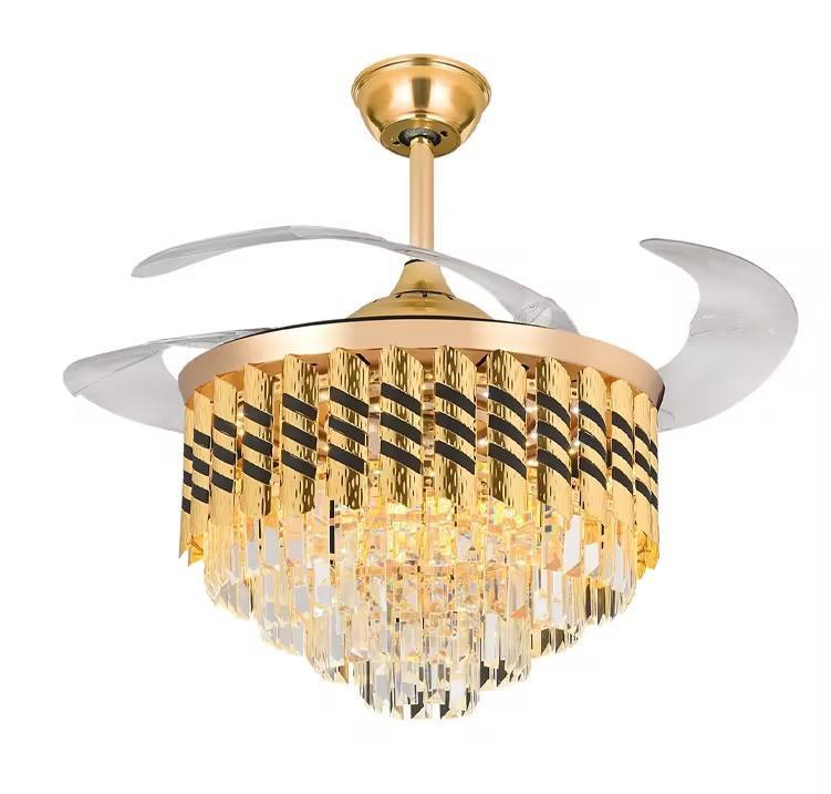 Nordic Modern Dc Remote Control Glod Retractable Invisible Round K9 Crystal Chandelier Led Ceiling Fan With Light