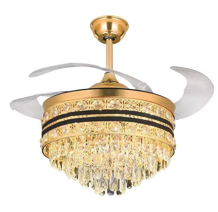Nordic Modern Dc Remote Control Glod Retractable Invisible Round K9 Crystal Chandelier Led Ceiling Fan With Light