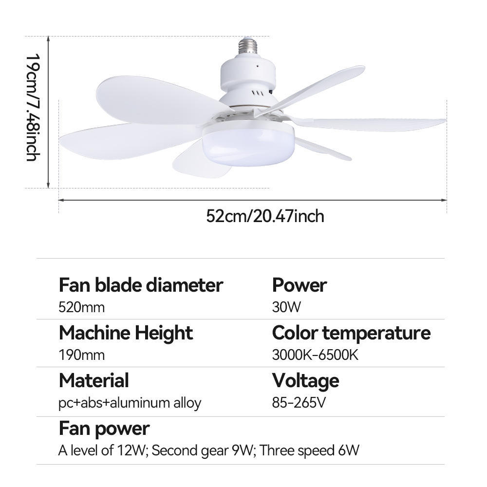 Modern LED Fan Light E27 Remote Control 3 Colors Changeable Strong Wind Speed 52CM 32W AC85-265V Ceiling Fan Light for Bedroom