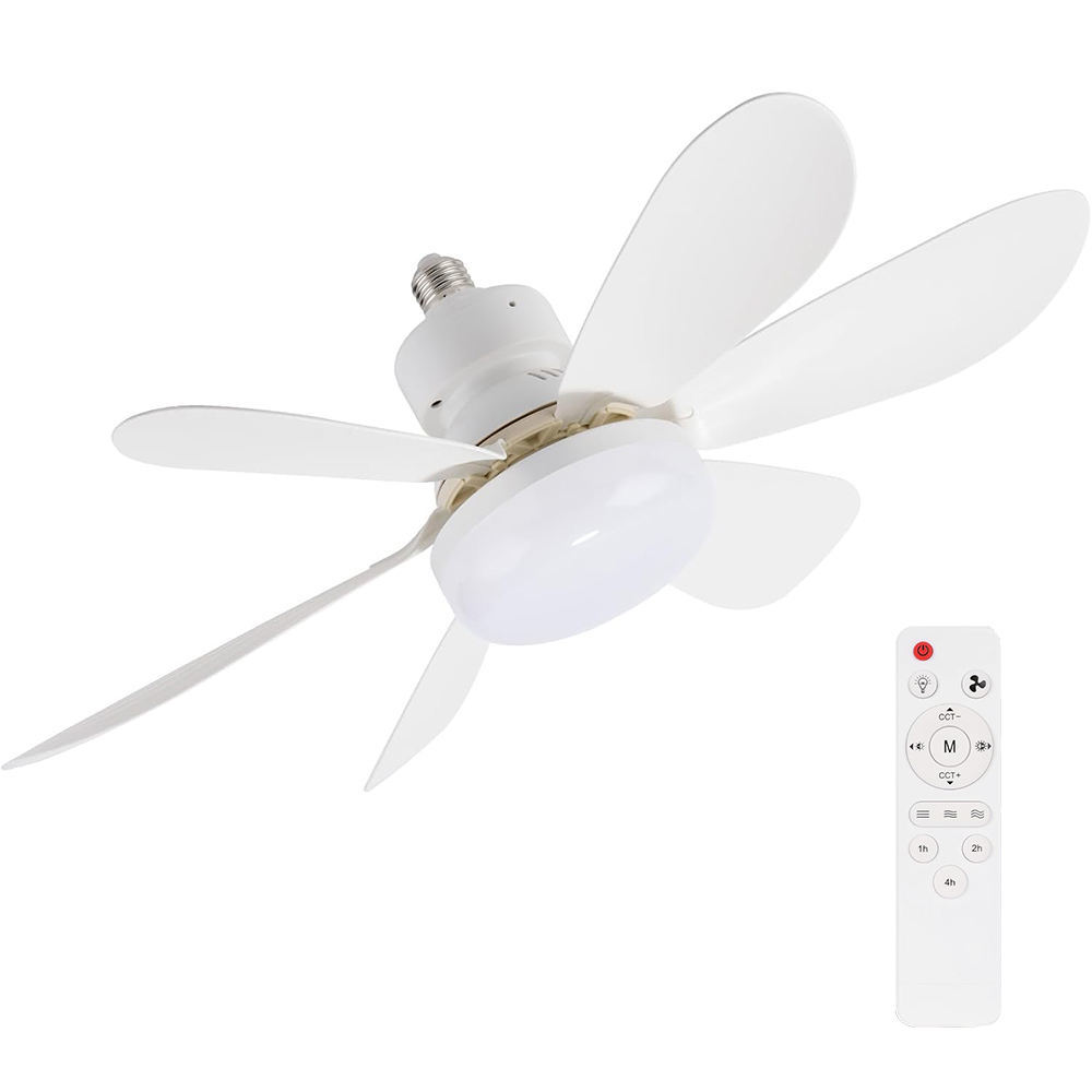 Socket Fan Light with Remote E27 Base 20.5'' Small Screw in Ceiling Fans with Lights 3 Speeds and 3 Color Dimmable Fan Light Bulb