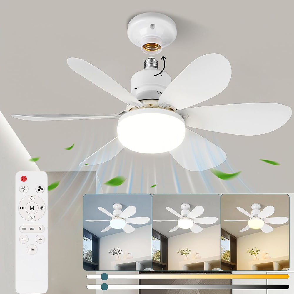 Socket Fan Light with Remote E27 Base 20.5'' Small Screw in Ceiling Fans with Lights 3 Speeds and 3 Color Dimmable Fan Light Bulb