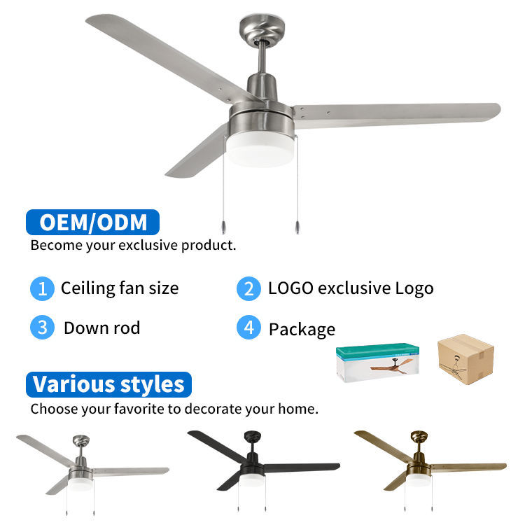 Unique 48 Inch 3 Iron Blade Powerful Decorative Lighting Ceiling Fan Bedroom Rotating Led Ceiling Fan With Light
