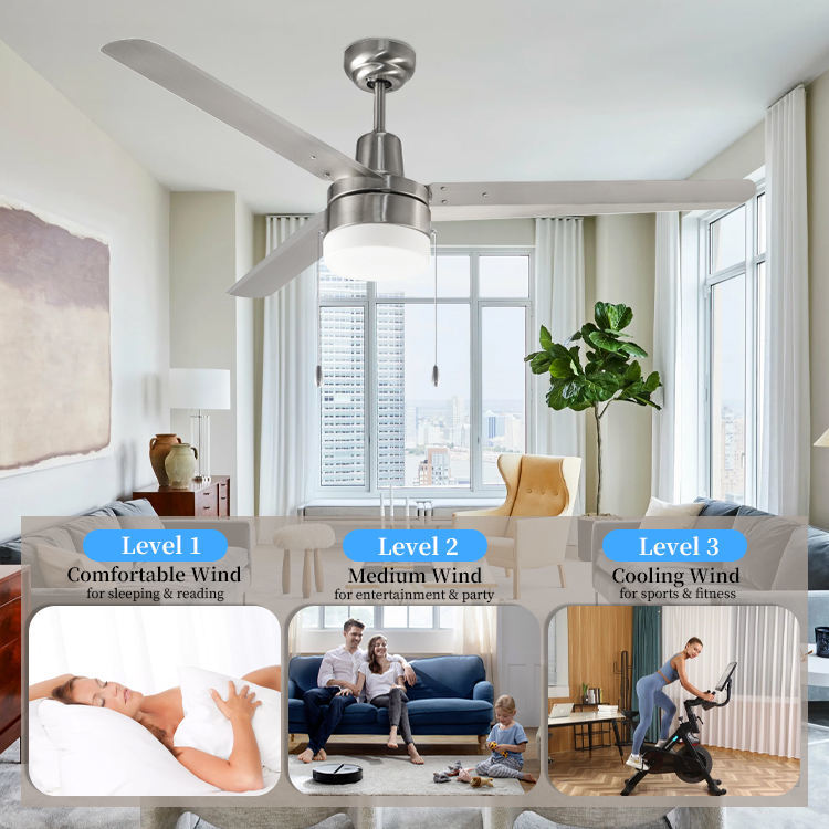Unique 48 Inch 3 Iron Blade Powerful Decorative Lighting Ceiling Fan Bedroom Rotating Led Ceiling Fan With Light