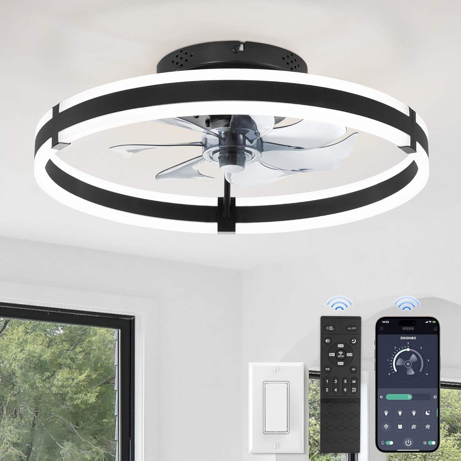 Remote Modern Flush Mount Led Fan Light Fandelier Ceiling Fans for Bedroom