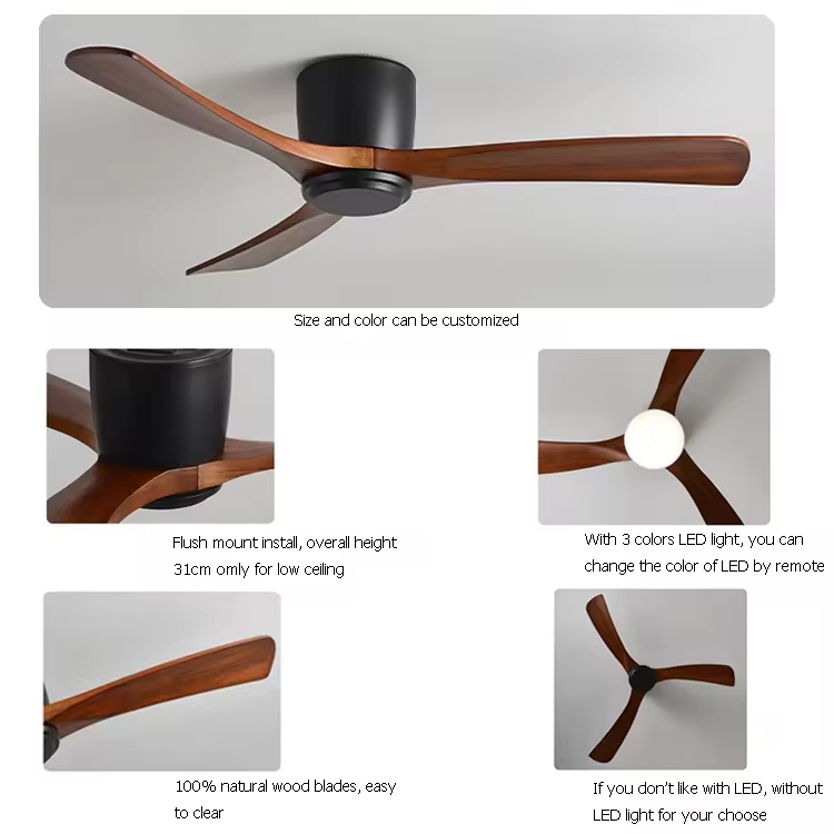Remote or Wifi Tuya App Residential Low Profile Flush Mount Propeller Wood Blades Energy Saving Ceiling Fan for Low Ceiling