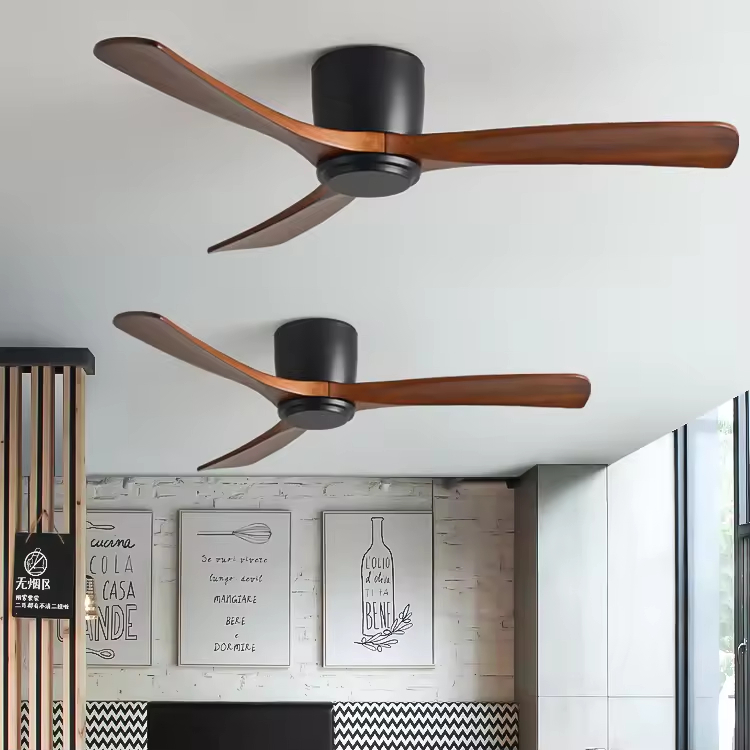 Remote or Wifi Tuya App Residential Low Profile Flush Mount Propeller Wood Blades Energy Saving Ceiling Fan for Low Ceiling