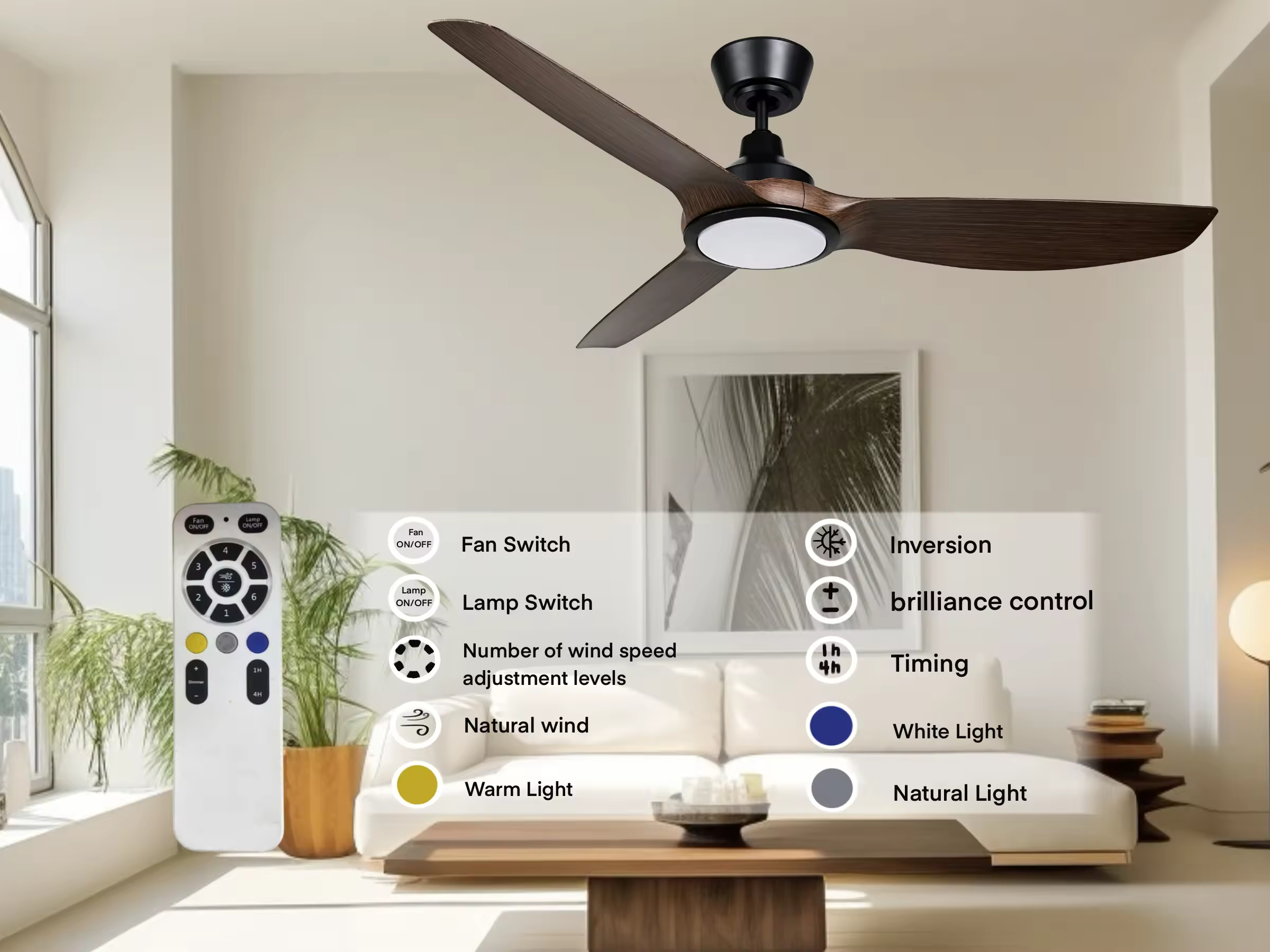 New Design Quiet Motor Cafe Living Room Dining Room Bedroom Study Room 52inch LED Ceiling Fan Light Kits
