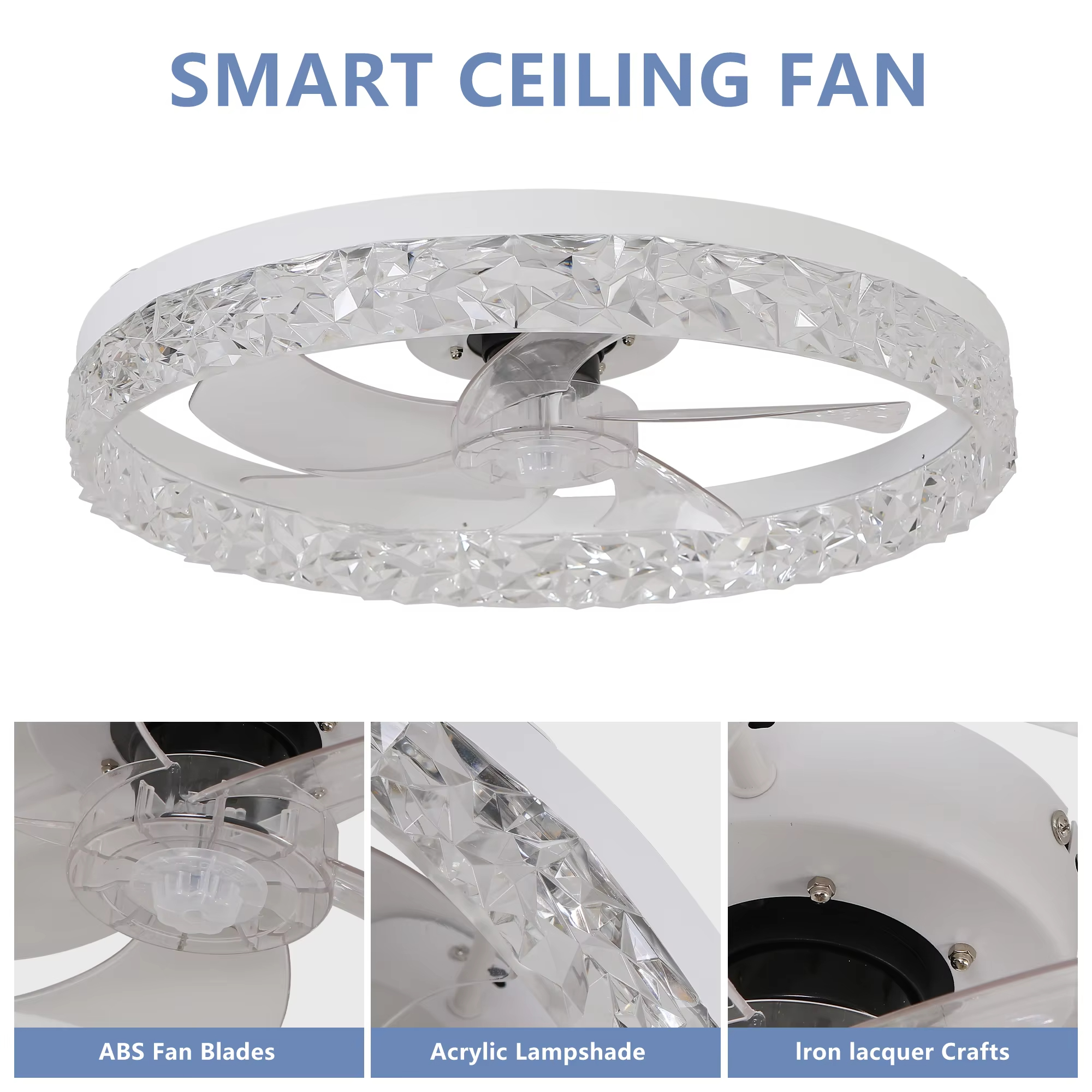 Factory wholesale  source factory  Modern Acrylic Ceiling Fan Light Remote Control Dimmable LED Chandelier 6 Speed Quiet Motor Flush Mount for Living Room Bedroom