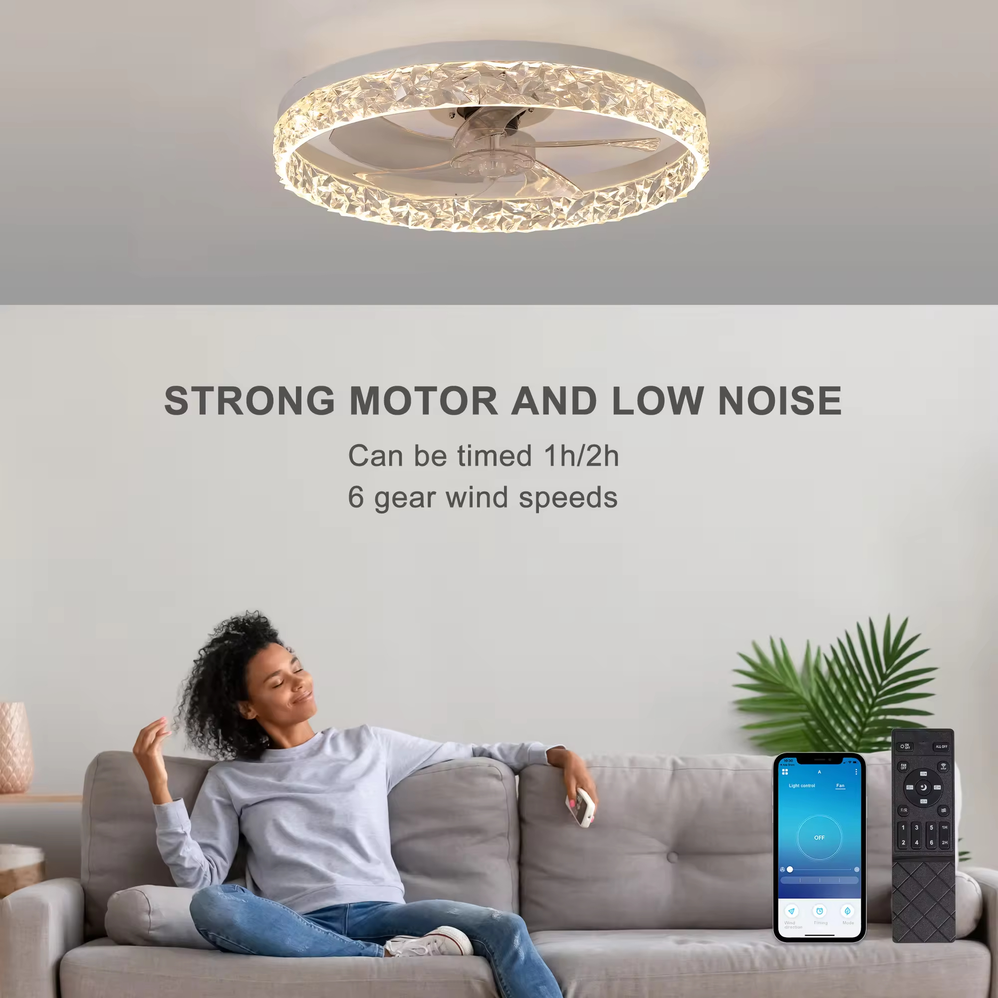 Factory wholesale  source factory  Modern Acrylic Ceiling Fan Light Remote Control Dimmable LED Chandelier 6 Speed Quiet Motor Flush Mount for Living Room Bedroom