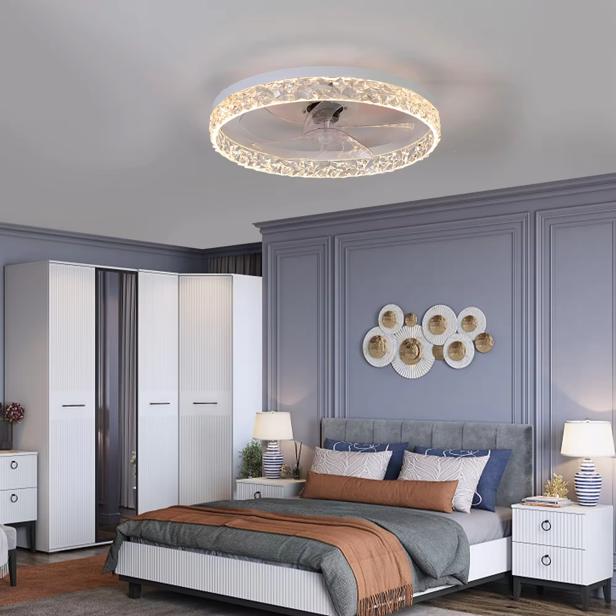 Factory wholesale  source factory  Modern Acrylic Ceiling Fan Light Remote Control Dimmable LED Chandelier 6 Speed Quiet Motor Flush Mount for Living Room Bedroom